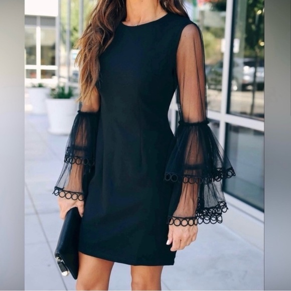 Ina Black Cocktail Party Evening Dress Sheer Bell Sleeve Details Size L - Picture 2 of 15